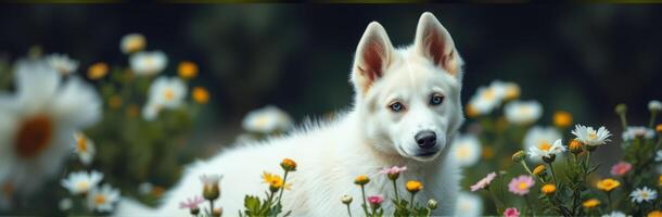 White Dog with Blue Eyes Sitting Among Colorful Daisies in a Serene Springtime Garden photo