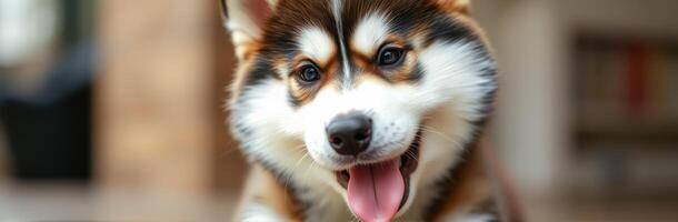 Cute Fluffy Puppy Portrait with Brown Eyes and Happy Expression Indoors photo