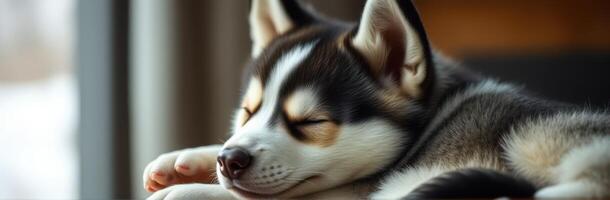 Adorable Sleeping Puppy Portrait. Closeup of a Cute Siberian Husky with Fluffy Ears and Peaceful Naptime in Daylight by the Window photo