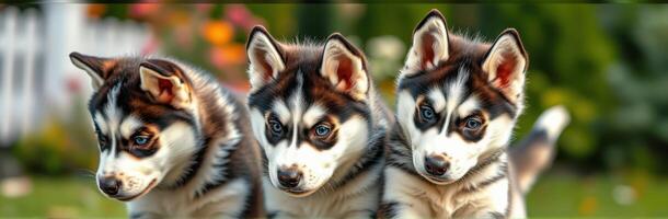 Playful Siberian Husky Puppies with Adorable Blue Eyes and Fluffy Fur in a Colorful Backyard Garden photo