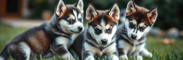Cute and Adorable Siberian Husky Puppies Playing Together in a Garden Setting with Captivating Eyes and Fluffy Coats photo