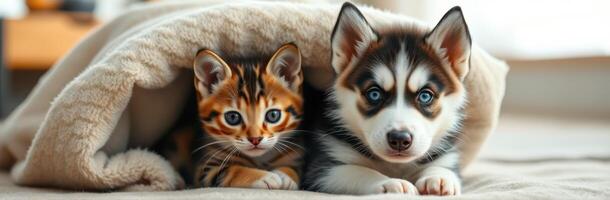 Cute Kitten and Puppy Snuggling Together on a Cozy Blanket - Adorable Furry Friends with Blue Eyes in a Loving Home Environment photo