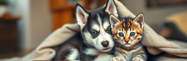 Adorable Kitten and Puppy Snuggling Together Under a Cozy Blanket - A Beautiful Representation of Pet Friendship and Companionship photo