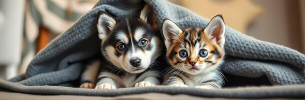 Cozy Puppy and Kitten Snuggling Together in a Warm Indoor Setting. Adorable Pet Friendship Captured in Close-Up with Blue Eyes and Fluffy Fur photo