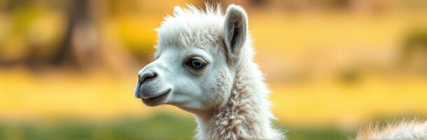 Adorable Baby Alpaca Close-Up Portrait on the Farm in Serene Rural Nature with Cream Fur and Yellow Background photo