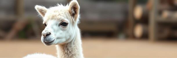 Cute Young Alpaca Close-Up Portrait in Pastel Colors at Petting Zoo - Adorable Fluffy Domestic Animal in Natural Habitat photo