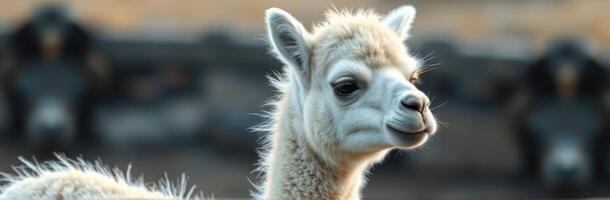 Cute and Fluffy Young Alpaca Close-Up Portrait with Blurred Background in Serene Outdoor Nature Settings photo