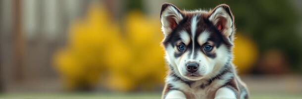 Cute and Adorable Puppy Portrait. Fluffy Siberian Husky with Playful Expression on Yellow Bokeh Background in Nature Garden photo