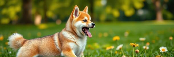 Playful Fluffy Pomeranian Puppy Enjoying Spring Day in Green Park Surrounded by Daisies and Vibrant Nature photo