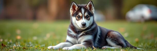 Cute and Adorable Siberian Husky Puppy Laying in Green Garden - Fluffy Dog Relaxing Outdoors with Blurred Background and Autumn Leaves photo