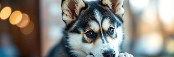 Cute Siberian Husky Puppy with Adorable Expressive Eyes in Soft Focus Bokeh Background photo
