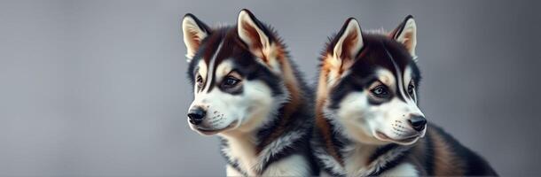 Two Adorable Puppies. A Side Profile Portrait of Siblings - Fluffy Husky and Alaskan Malamute with Blue Eyes on Grey Background photo