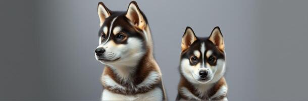 Siberian Husky Puppy Portrait. Two Adorable Dogs Bonding Together with Fluffy Fur and Expressive Brown Eyes on Gray Background photo