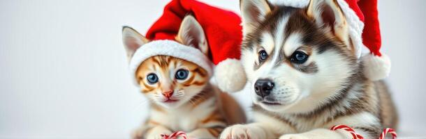 Adorable Kitten and Puppy in Festive Christmas Attire with Santa Hat and Candy Cane Decor for a Joyful Holiday Portrait photo