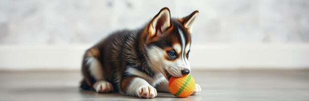 Cute and Playful Siberian Husky Puppy Playing with Colorful Ball Indoors photo