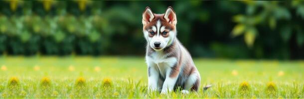 Adorable Siberian Huskie Puppy Sitting in a Green Field with Blue Eyes - Cute Canine Focused Portrait for Dog Lovers photo