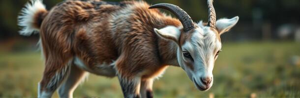 Cute Young Goat Portrait in Nature's Idyllic Setting. Close-Up of Brown and White Furry Coat Under Sunny Day Light photo