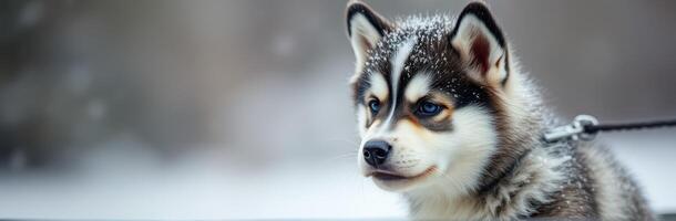 Siberian Husky Puppy with Blue Eyes in a Winter Wonderland. Adorable Pet Portrait in Snowy Background photo