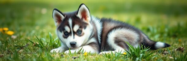 Cute and Adorable Siberian Husky Puppy Resting in Sunlit Grass Field with Wildflowers and Bokeh Background photo