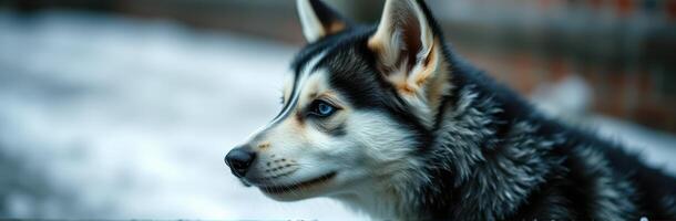 Dog Portrait of a Playful Siberian Husky Puppy with Blue Eyes in a Snowy Winter Scene photo