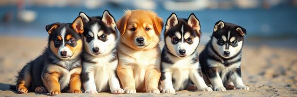 Cute Beach Puppies. A Playful Group of Adorable Small Dogs Enjoying Time Together in the Sun photo