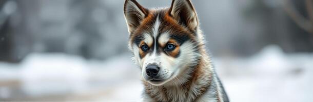 Cute Siberian Husky Puppy with Blue Eyes in Snowy Winter Scene - Adorable Canine Close-Up Portrait photo