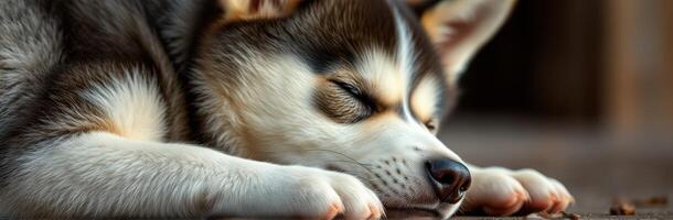 Adorable Sleeping Puppy. Cute and Fluffy Siberian Husky Napping in Peaceful Relaxation photo
