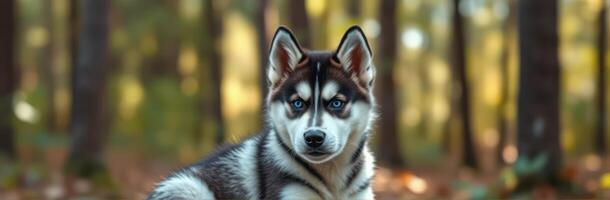 Husky Puppy with Blue Eyes Sitting in the Forest. A Captivating Dog Portrait in Nature's Autumn Colors photo