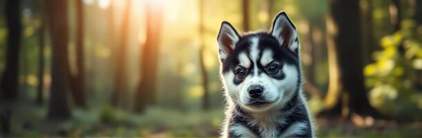 Cute and Playful Siberian Husky Puppy Exploring the Forest Under Sunlight photo