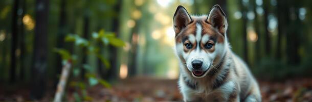Adorable Siberian Husky Puppy with Blue Eyes Playfully Exploring the Forest in Natural Light photo