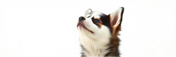 Cute Chihuahua Puppy with Fluffy Fur and Alert Expression on White Background - Adorable Small Dog Portrait for Animal Lovers and Pet Owners photo