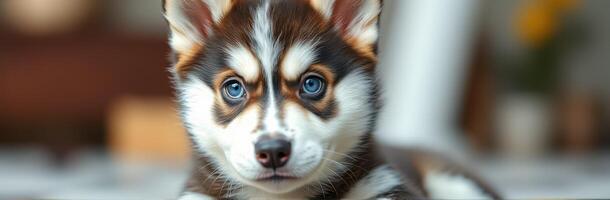 Cute Puppy with Blue Eyes and Fluffy Fur. Adorable Close-Up Portrait of a Playful Husky Mix photo