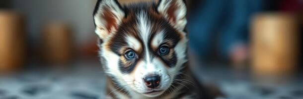 Adorable Blue-Eyed Siberian Husky Puppy with Fluffy Fur and Playful Expression on the Floor photo