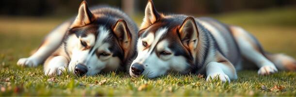 Two Playful Huskies Relaxing and Cuddling on Grass in the Park - A Cute Animals Bonding Moment photo