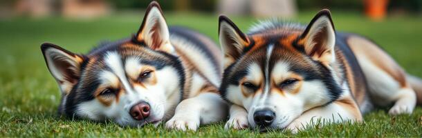 Cute Puppies Resting on Green Lawn. Siberian Huskies and Alaskan Malamute Friends in Nature photo
