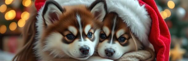 Adorable Puppies in Santa Hats Embracing Holiday Spirit with Festive Background photo