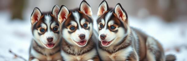 Cute Puppies Playing Together. Adorable Husky Puppies with Blue Eyes in a Winter Scene photo