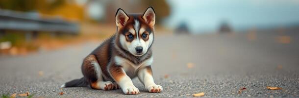 Cute Playful Puppy Portrait. Adorable Siberian Husky Sitting on Autumn Leaves Outdoors with Happy Expression and Furry Tail photo