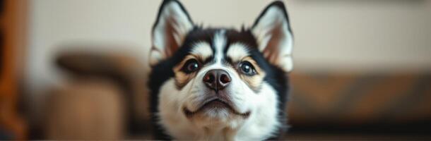 Siberian Husky Puppy Close Up Portrait with Adorable Black and White Fur, Expressive Eyes, and Happy Face photo