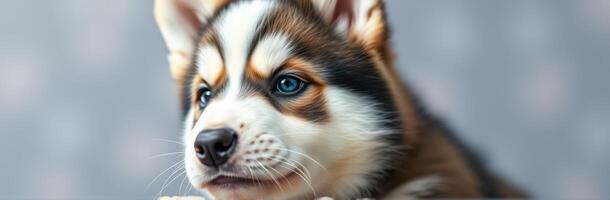 Cute Closeup Portrait of an Adorable Young Siberian Husky Puppy with Bright Blue Eyes and Fluffy Dark Coat photo