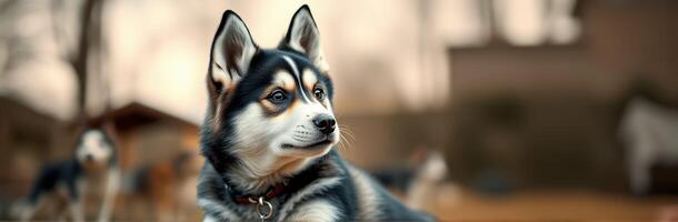 Siberian Husky Portrait. Cute and Furry Pet Photography in Nature with Vibrant Colors and Playful Expression photo