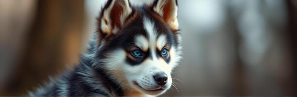 Adorable Puppy Portrait. Playful Siberian Husky with Blue Eyes in Nature Background photo