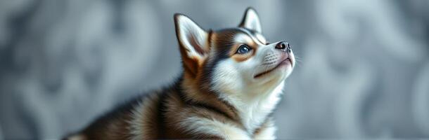 Adorable Playful Puppy Portrait. Inquisitive Siberian Husky Pomeranian Mix with Furry Coat and Vibrant Warm Colors in Natural Lighting photo
