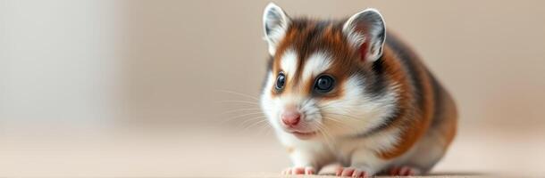 Cute Pet Hamster Portrait. Adorable Rodent with Fluffy Fur and Tiny Paws on Sandy Background photo