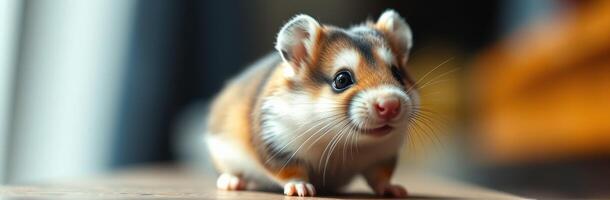 Cute and Adorable Furry Hamster Close-Up Portrait with Charming Whiskers and Playful Expression in a Colorful Indoor Setting photo