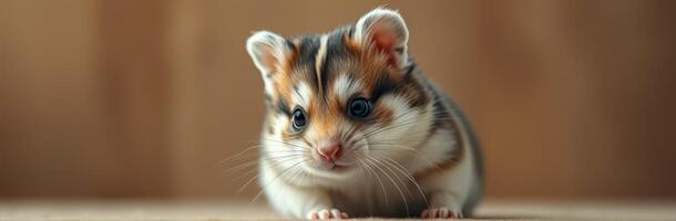 Cute and Adorable Hamster Close-Up with Blue Eyes and Furry Paws in a Cozy Home Environment photo
