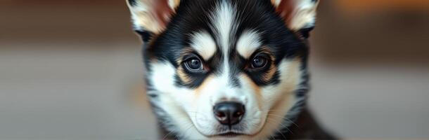 Adorable Close-Up Portrait of a Cute Siberian Husky Puppy with Furry Face and Expressive Eyes in Warm Lighting photo