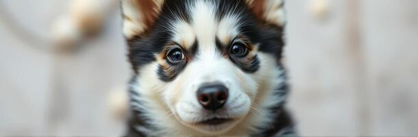 Cute Adorable Puppy Close-Up Portrait with Big Eyes and Furry Ears against a Bright Background photo