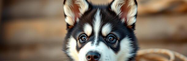 Adorable Close-Up Portrait of a Friendly Black and White Husky Puppy with Captivating Expression and Vibrant Tones in Nature photo