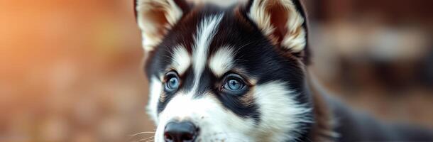 Adorable Close-Up Portrait of Fluffy Siberian Husky Puppy with Stunning Blue Eyes in Charming Outdoor Autumn Setting photo